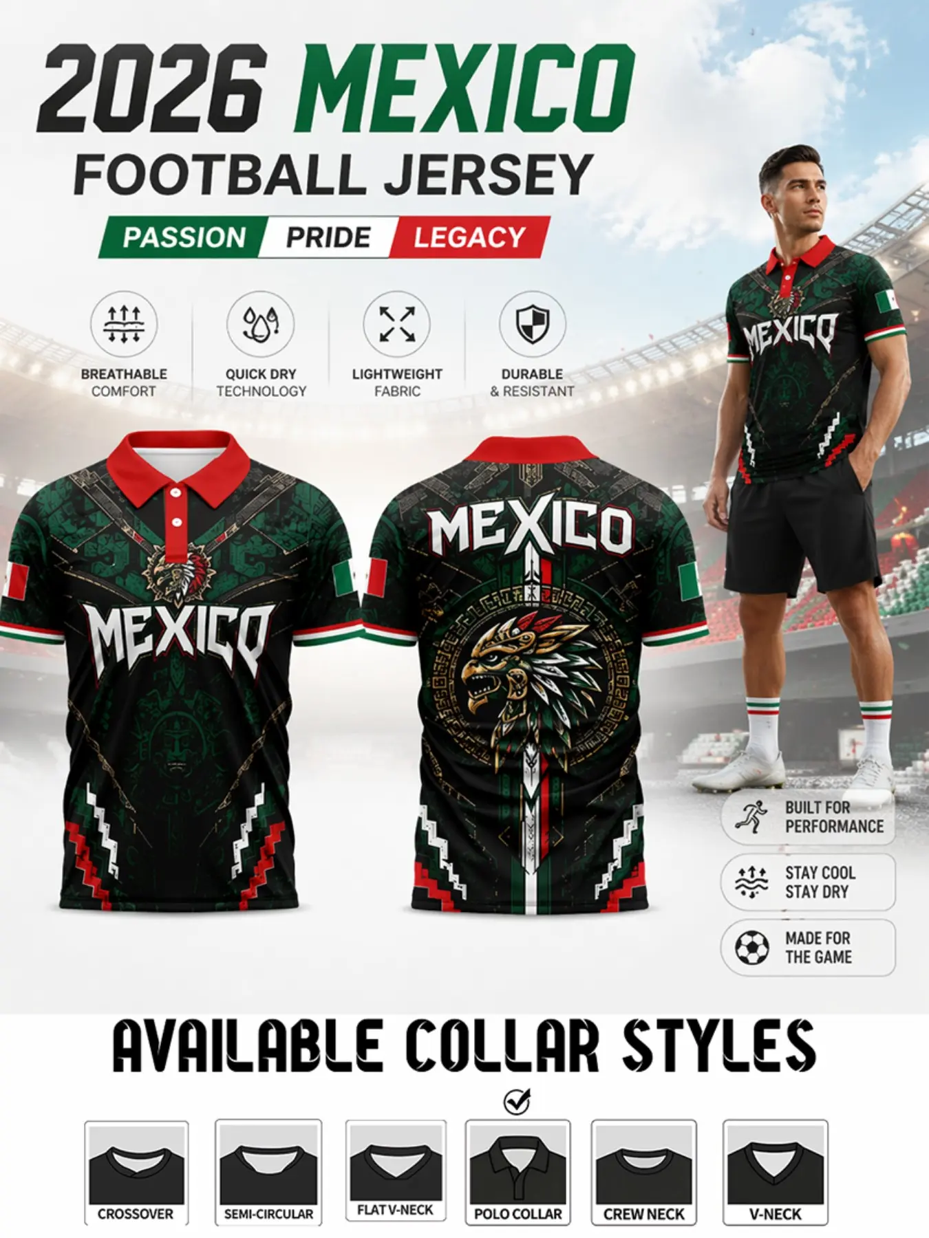 2026 Mexico Soccer Jersey, Deep Aztec Eagle Warrior Sunstone Full Sublimation, Quick-Dry Lightweight Breathable Durable Sports Fanwear, Mexico Soccer Shirt