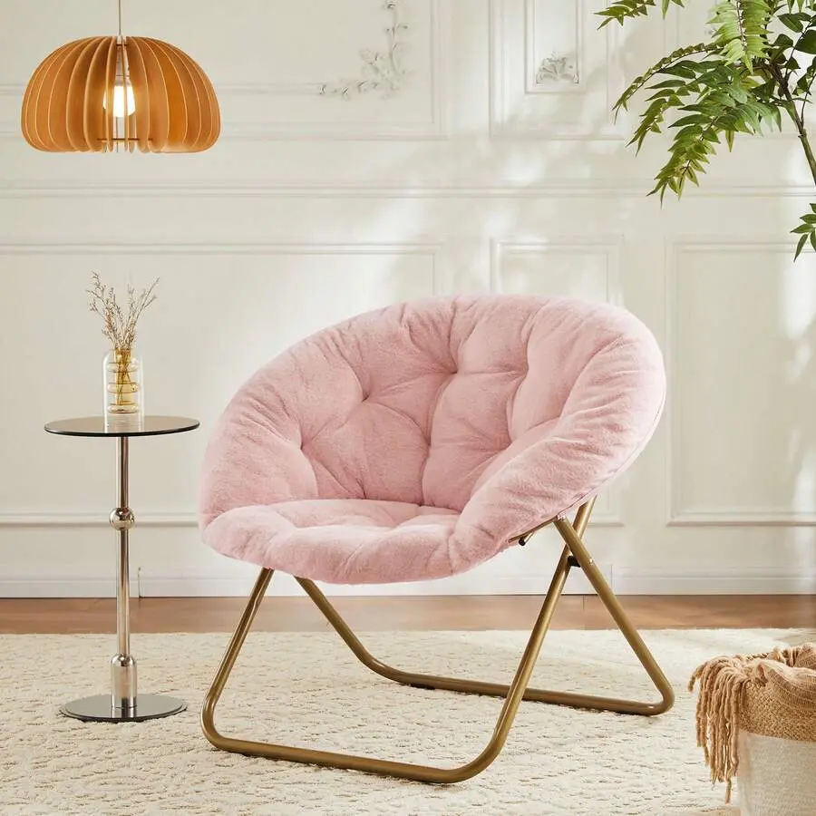 XL Faux Fur Comfy Saucer Lounge Chair - Foldable Indoor Accent Seat for Bedroom, Dorm, Gaming, Small Spaces - Moon/Mushroom/Round Oversized Style