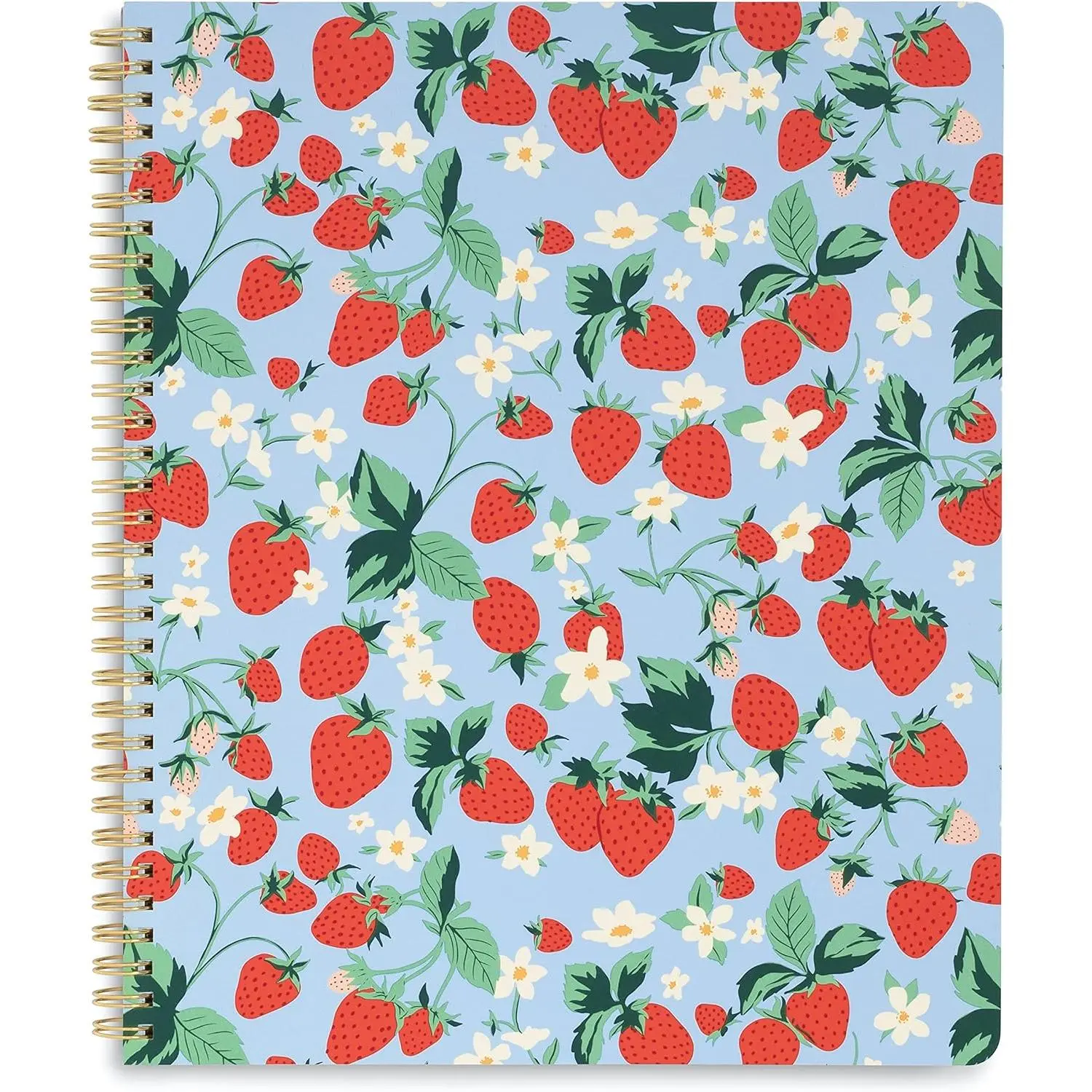 Large Floral Spiral Notebook, Strawberry Fields | 11" x 9" Fruit Theme Blue Rough Draft Journal with 160 College Ruled Perforated Pages, Pocket, and Rounded Corners