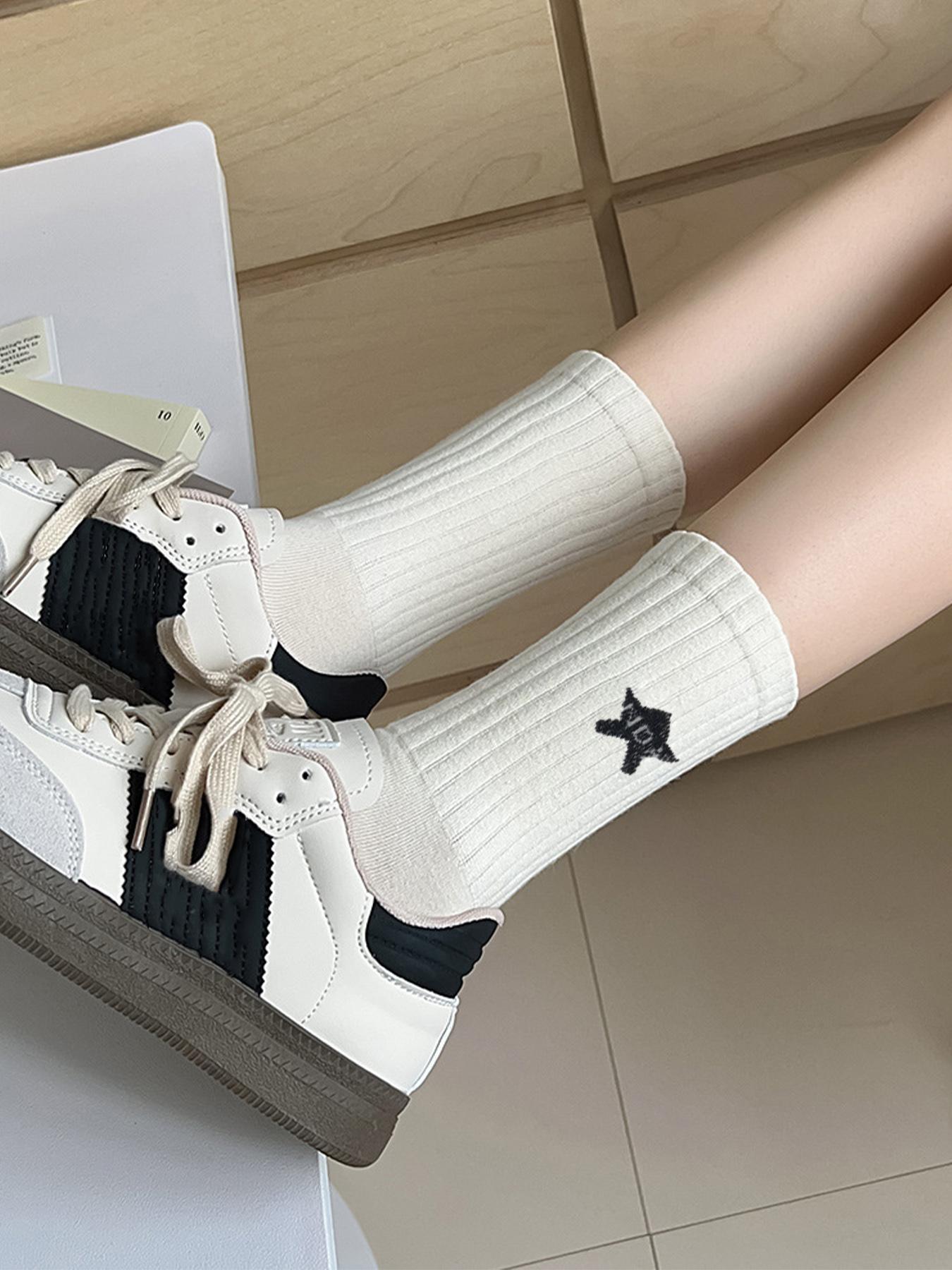 Women's 5 Pairs Colorblock Stripped & Star Print Crew Socks, Sock Set, Casual Moisture Wicking Socks, Soft Comfy Breathable Socks for All Seasons Daily Wear