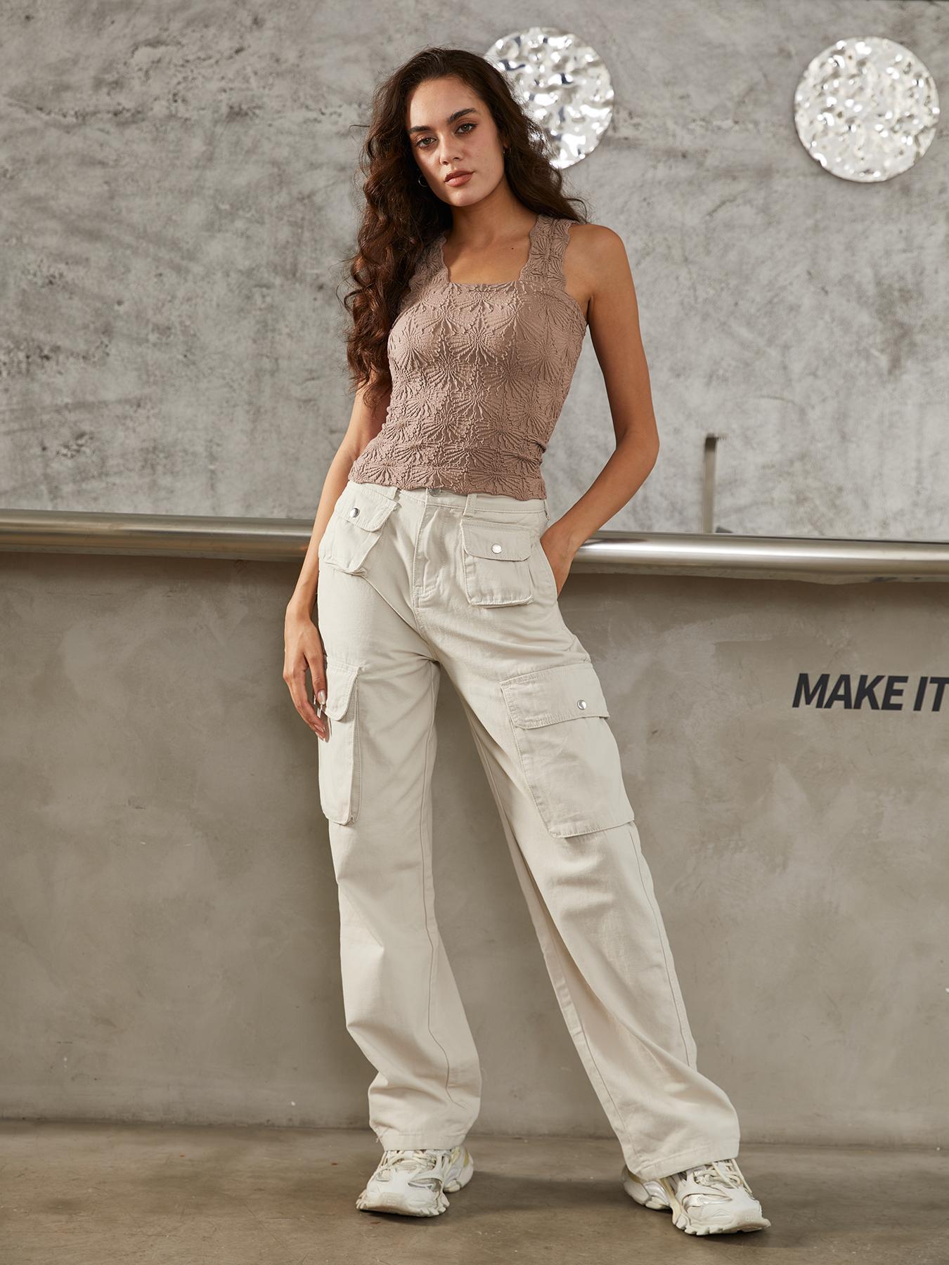 Women's Solid Color Floral Jacquard Sports Singlet, Casual Sleeveless Square Neck Tank Top for Yoga Gym Workout, Ladies Sportswear for All Seasons, Gym Wear, Sleeveless Gym Tops