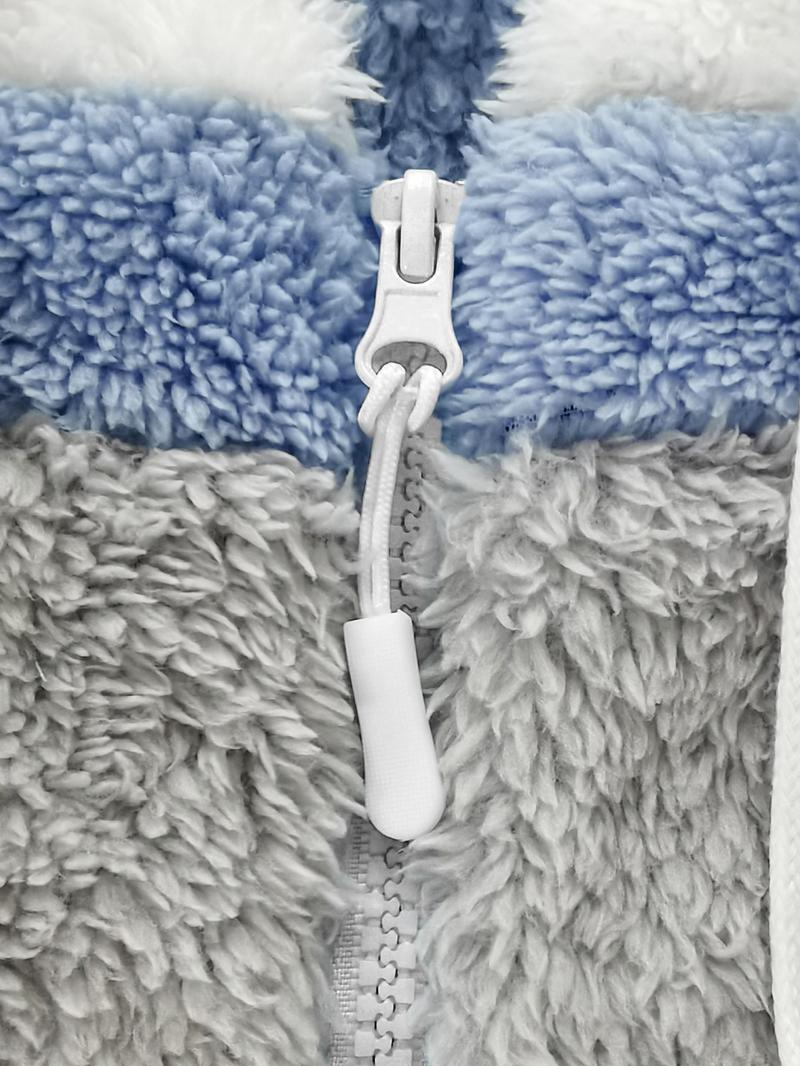 Women's Colorblock Drop Shoulder Hooded Polar Fleece Coat, Fashion Casual Long Sleeve Zip Up Warm Outerwear For Daily Outdoor Wear, Women's Clothing, Jackets