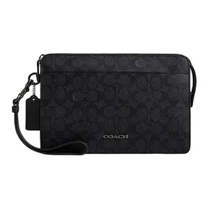 COACH Coach 25 Logo Zip-Top Clutch Bag for Men, Faux Leather, Medium Size, Charcoal Black