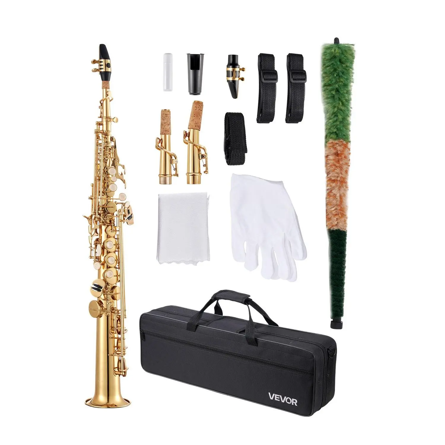 VEVOR B-Flat Straight Soprano Saxophone Full Set, Brass Body 23-Key Saxophone Beginner Kit with Carrying Case, Mouthpiece, Cleaning Cloth Rod, Gloves, Neck Strap, for Beginners, Ideal for Solo Play, Gold, 23 Keys