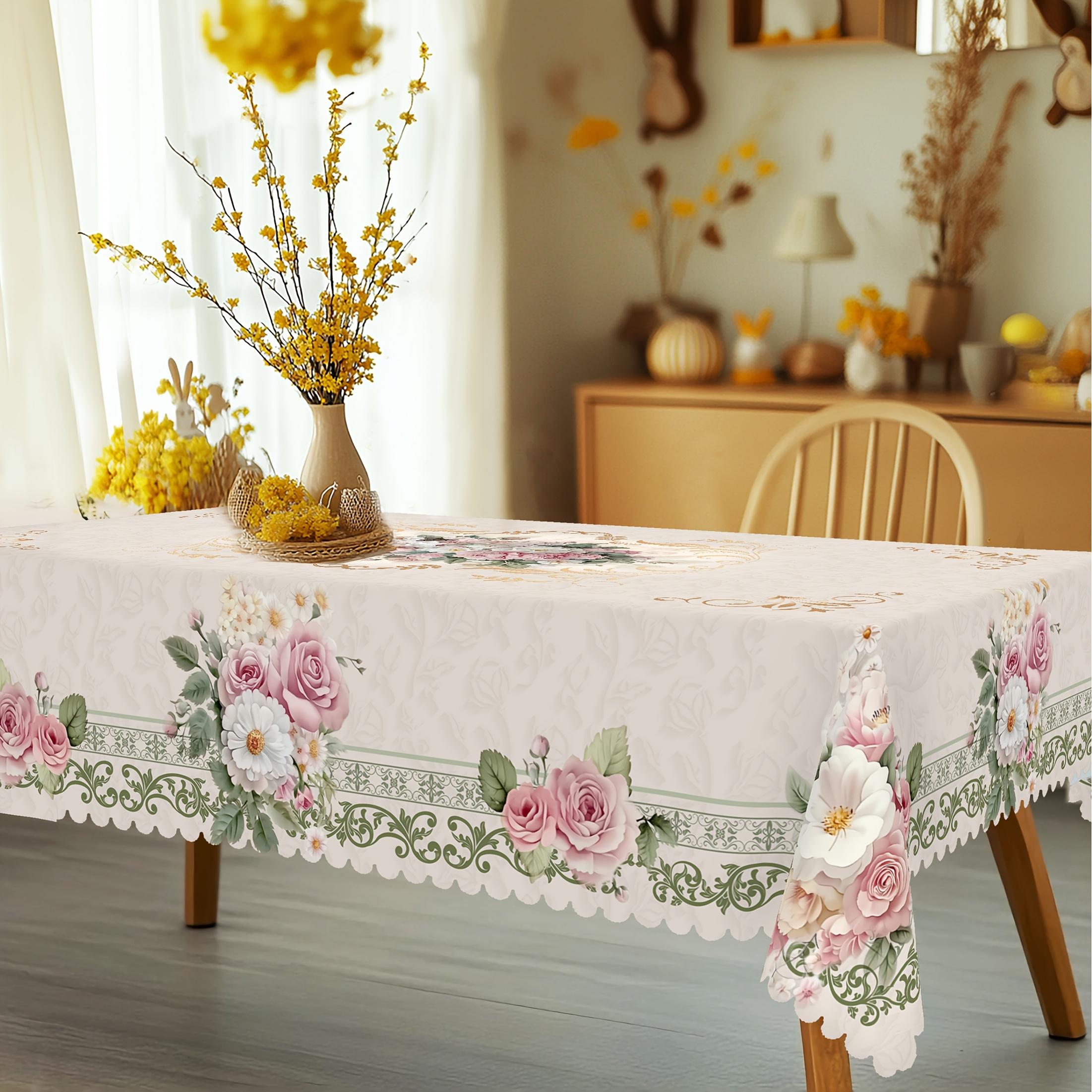 1pc French Vintage Rose & Daisy print Tablecloth - Elegant / with Roses & Daisies, Machine-Made Rectangular/Possibly Round Suitable for Valentine's Day, Weddings, Birthdays, Kitchen & Dining Table Cover - Fabric for Indoor/Outdoor Use