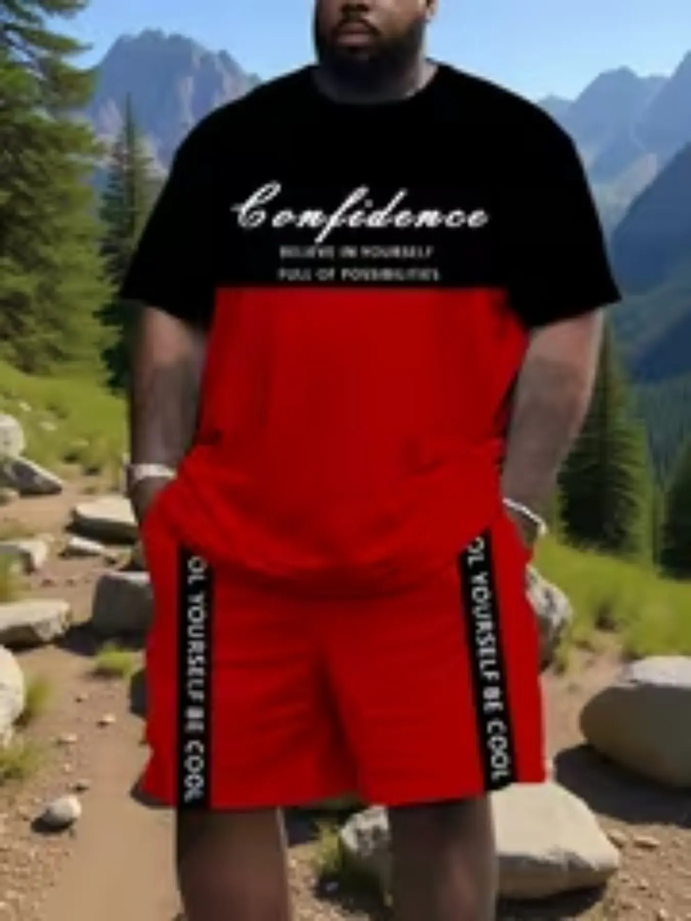 Men's Plus Size 3D Print Casual Two-Piece Set, Bordeaux Color 'paris' Trendy, Stylish Short Sleeve and Shorts Combination