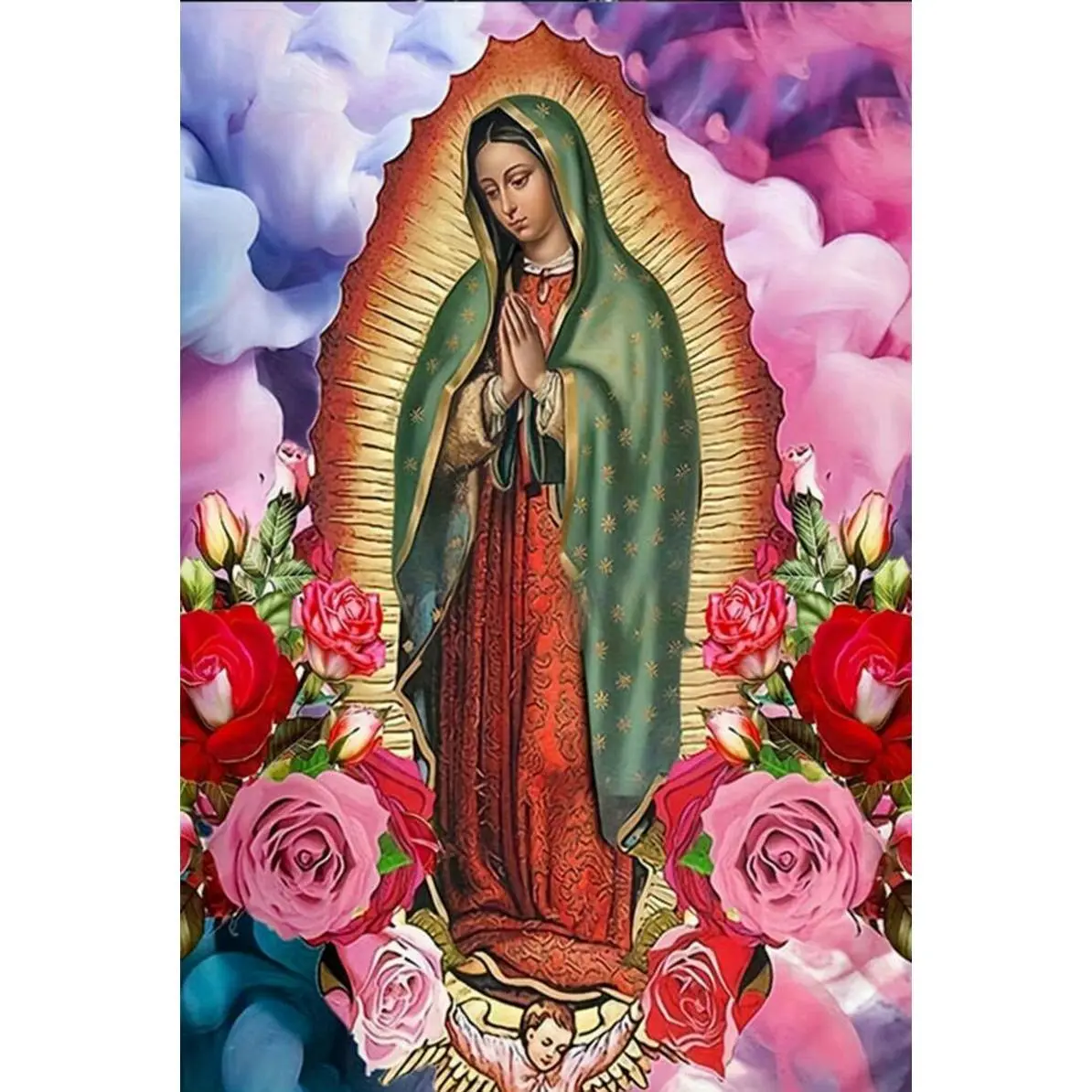 5D DIY Mural Size Diamond Painting Cross Stitch Kit - Religious Art Our Lady of Guadalupe Virgin Mary with Red Pink Roses, Full Round & Square Drill Shapes Rhinestones, Full Crafting Tools Set, Stress Relief Handmade Ornament Home Decor Gift, Diamond Art