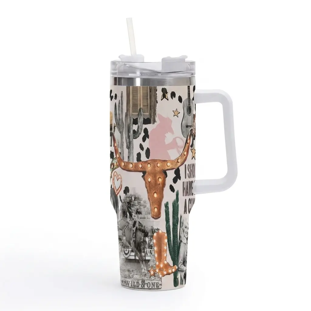 40oz Western Cowboy Insulated Stainless Steel Tumbler - Insulated Cup for Western Fans, Double Wall Reusable Travel & Daily Cup with Handle, Straw, Lid, Vintage Graphic Print, Aesthetic Design for Hot/Cold Drinks
