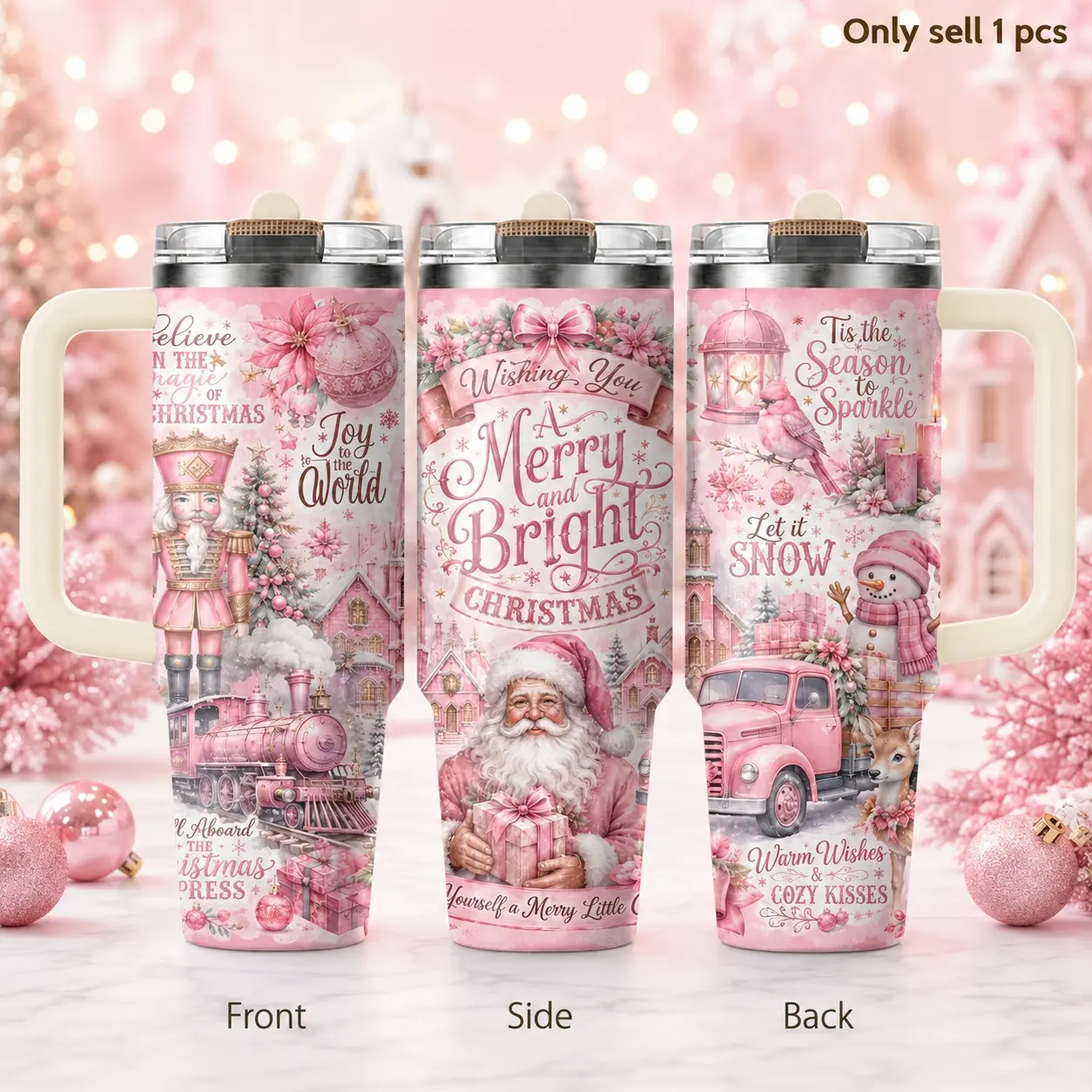 Santa Claus Christmas 40oz Tumbler – Festive Stainless Steel Insulated Travel Mug with Handle & Straw Lid for Coffee, Water, Holiday Parties, Office, Car, Fun Seasonal Gift