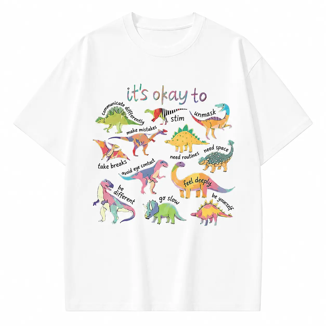 It’s Okay to Be Different Casual Lightweight Fitted Digital Print Dinosaur Top, Autism Awareness Neurodiversity Gift Tee for SPED Teachers