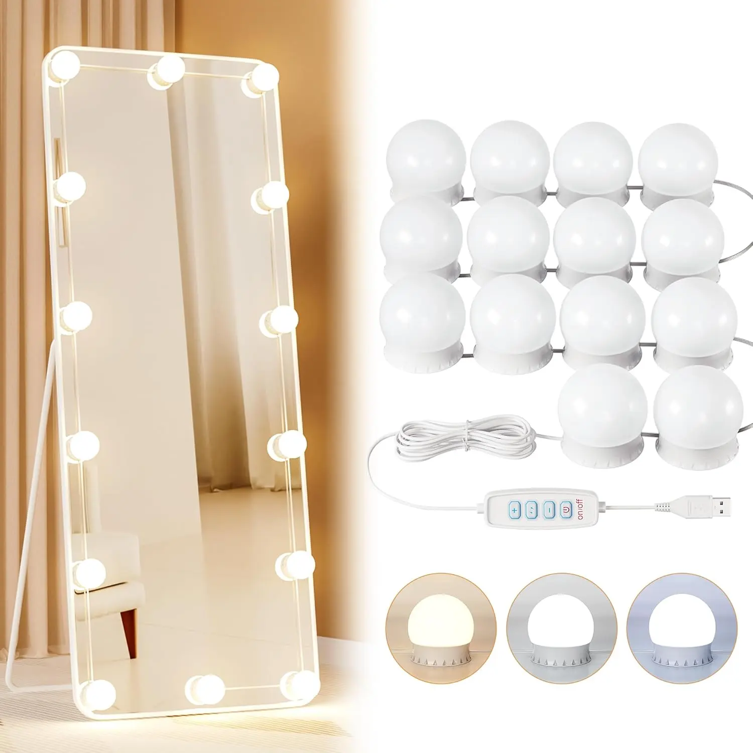 14 Bulbs LED Vanity Lights for Mirror, 3000K 4000K 6500K & 10-Brightness, Wire Length Adjustable, USB Cable, Hollywood Mirror Lights for Makeup Dressing Room Bathroom, White