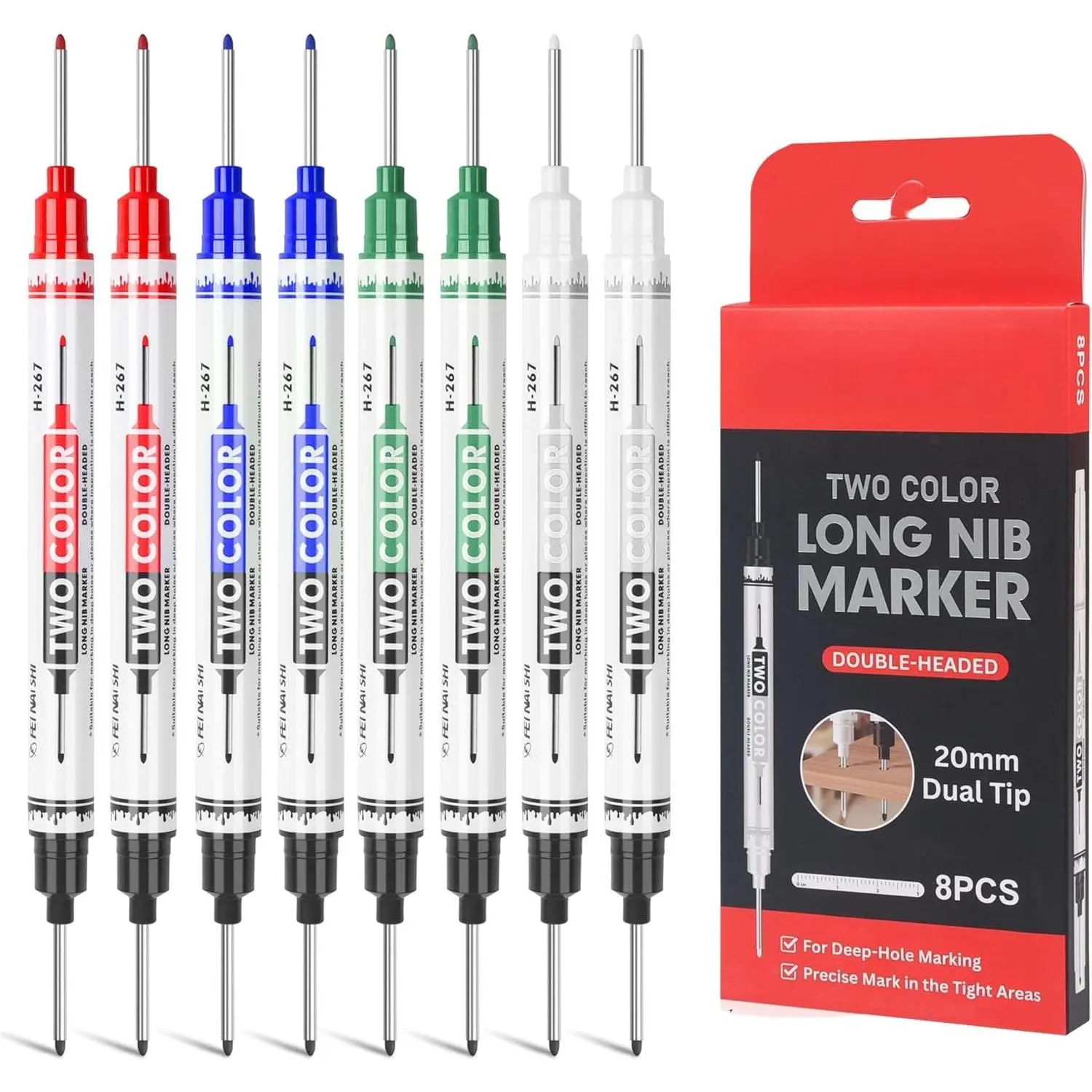 8 count Long Nib Marker, Double-Ended 20mm Deep Hole Marker Pens, Permanent Two-Color Construction Marker for Woodworking, Metal, Carpenter and DIY Projects
