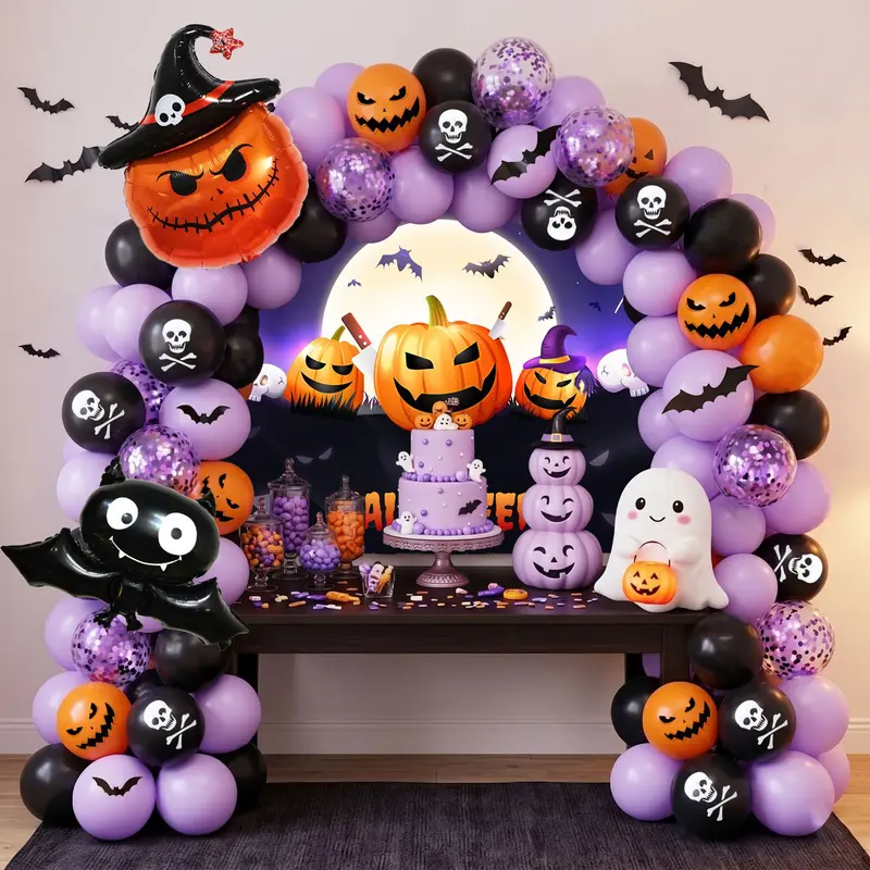 Aesthetic Pink & Purple Halloween Balloon Set - Cute Skull, Ghost & Spiderweb Decor for Girls' Party, Photo Booth Backdrop, Trick or Treat Events