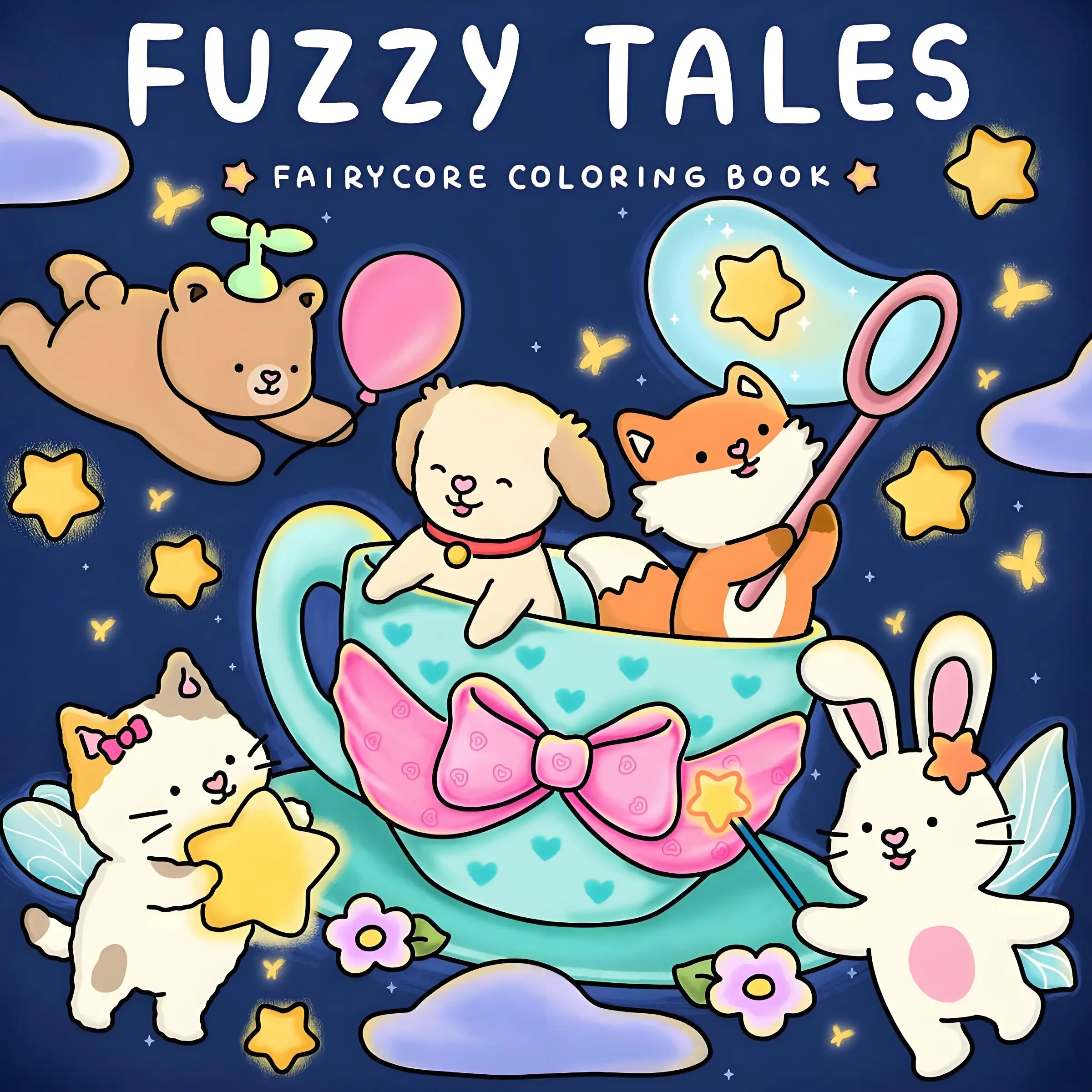 Fuzzy Tales Fairycore Coloring Book, Cute Kawaii Winged Animal Teacup Starry Night Dreamy Aesthetic Coloring Pages, Bold Easy Stress Relief ASMR Coloring Book For Teens Women Girls Relax Craft Gift,School supplies and gifts