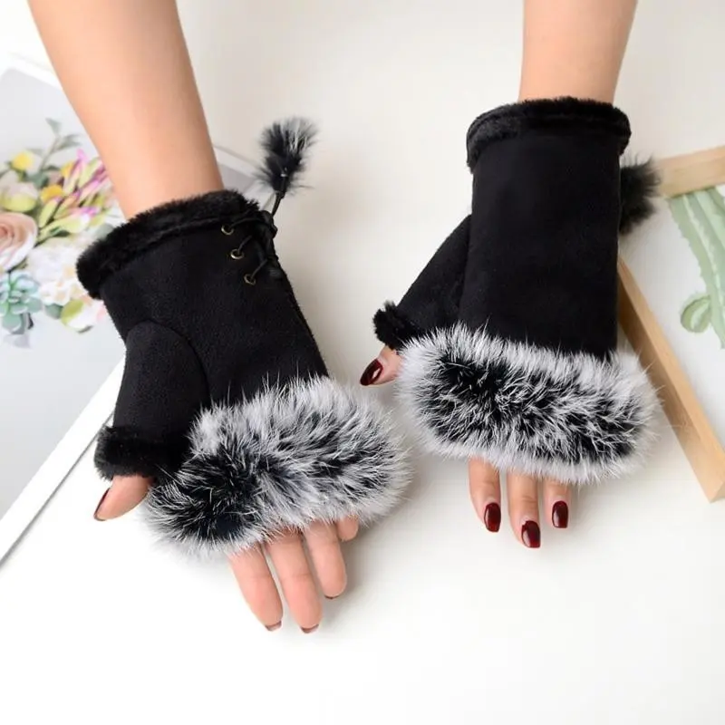 Women's Warm Fingerless Gloves with Pom-Pom, Wine Velvet Tie Design, Decor, Outdoor Activities, Winter Accessories, Christmas Gift