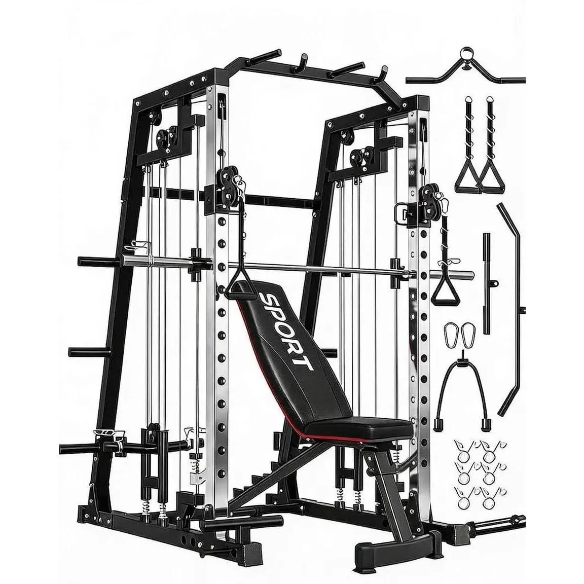 Smith Machine Home Gym with Adjustable Bench – Full-Body Strength Training Power Cage – Dual LAT Pulldown & Cable Crossover – Barbell Squat Rack Station – Black+Red Black