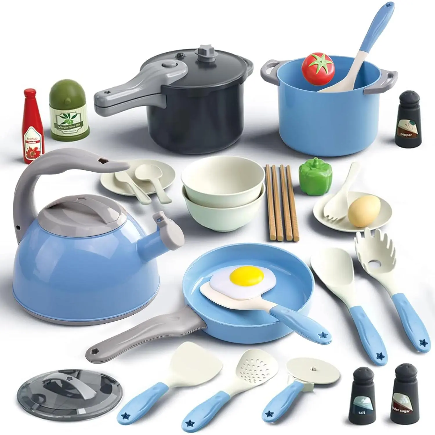 32Pcs Kids Play Kitchen Toys Set, Toddlers Pretend Cooking Playset Accessories with Pots Pans, Utensils Cookware, Foods, Canned Veges, Learning Gift for Kids Girls Boys (Blue)fidget toys