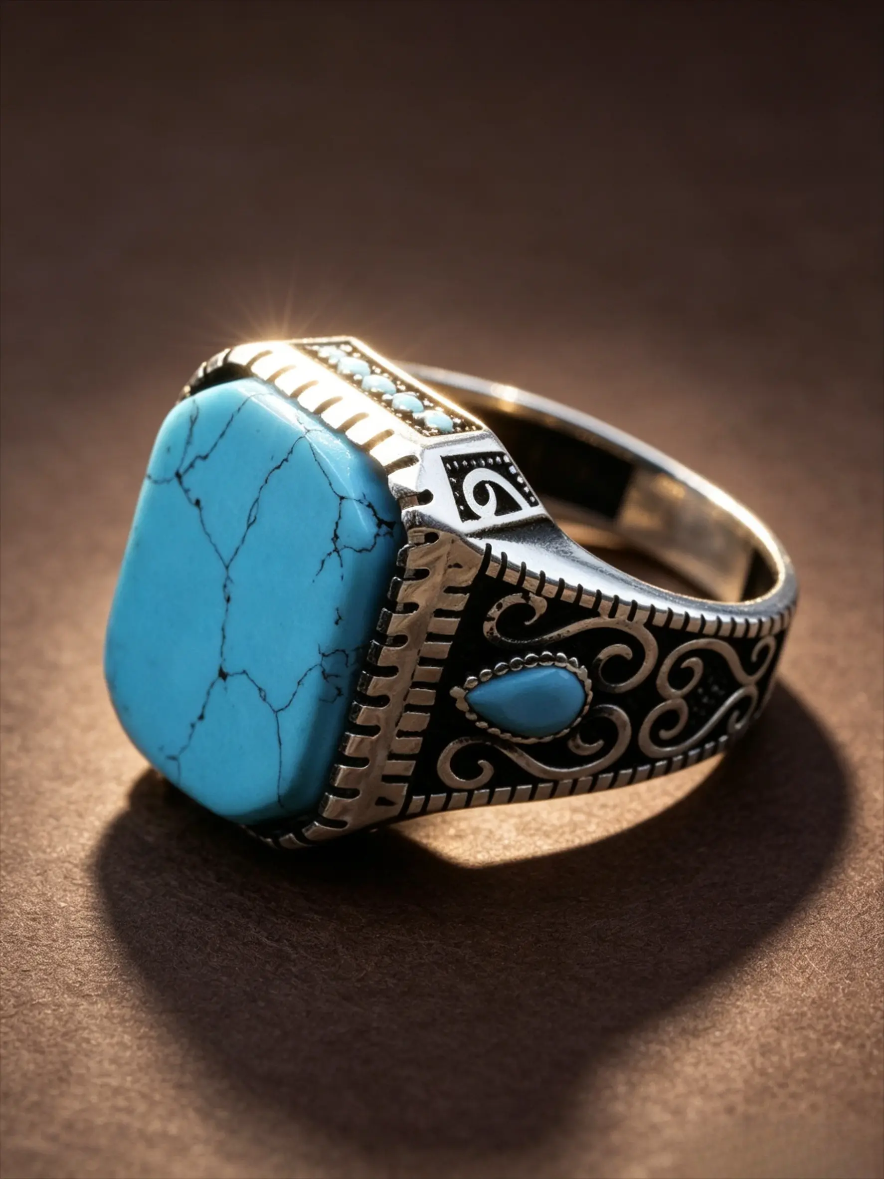 Silver Plated Square Cracked Turquoise Signet Ring Vintage Scroll Filigree Textured Wide Band Western Cowboy Wrist Ornament For Daily Travel Bar Party Birthday Anniversary Holiday Gift For Men
