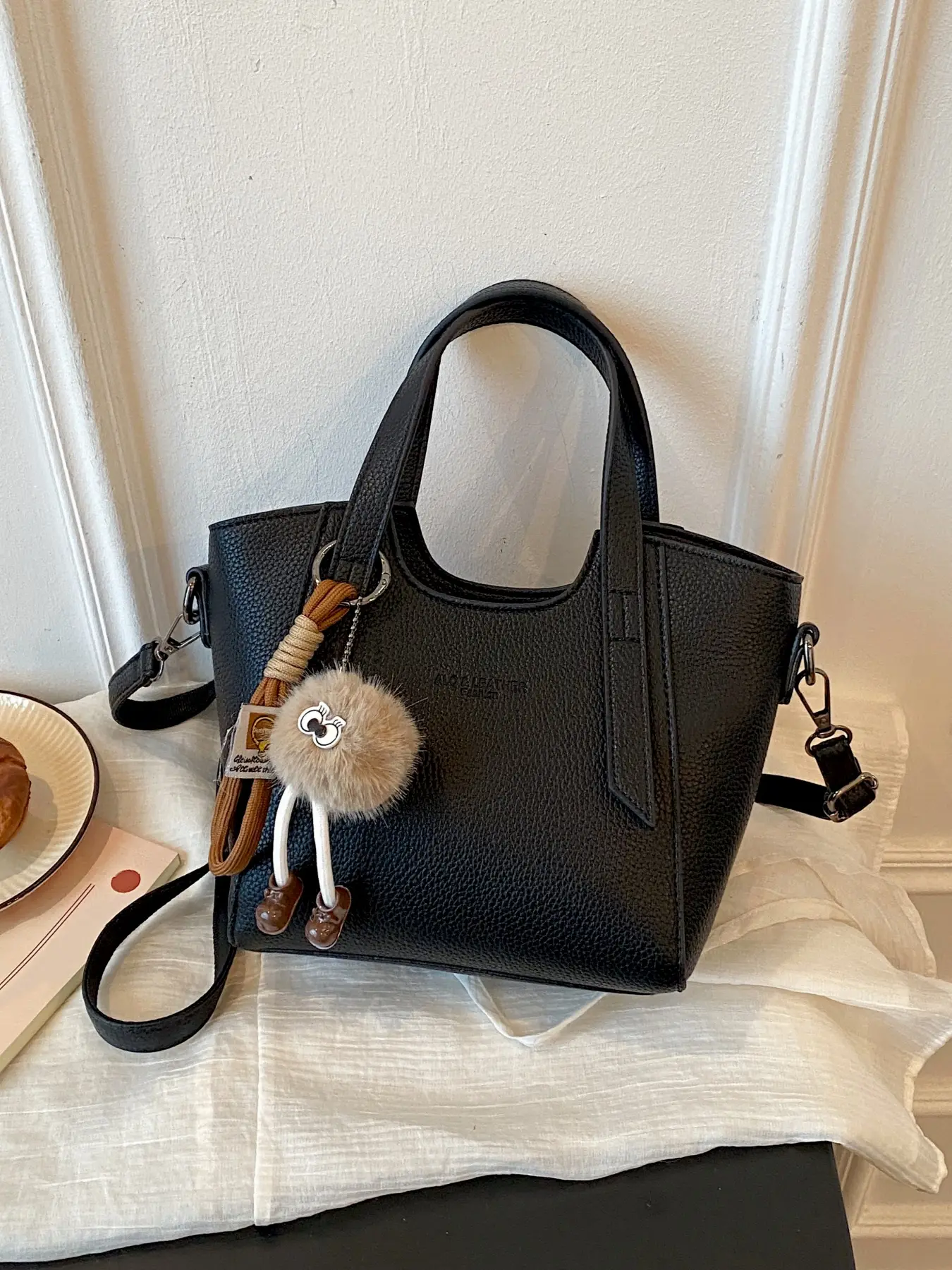 Retro chic small shoulder tote bag with cute plush pendant, detachable and adjustable crossbody strap, elegant ladies' handbag for dating, shopping and commuting.