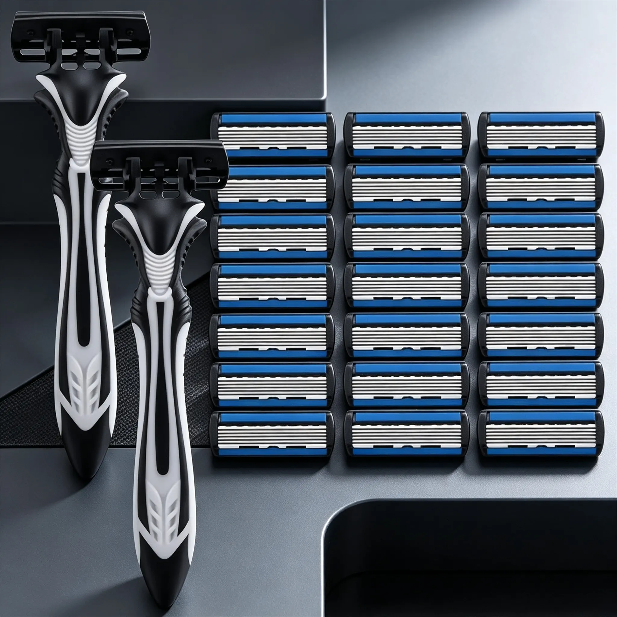 Men’s shaving tool kit with sharp 6-layer blades & control-boost ergonomic anti-slip handle. Interchangeable refill blades with skin-friendly guard, suitable for family shared use and individual travel facial shaving.