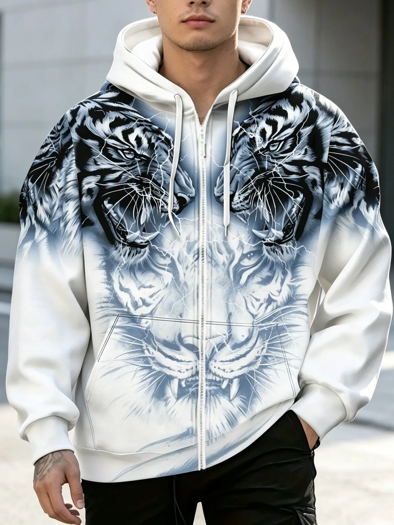 3D Tiger Lightning Pattern Sweatshirt, Drawstring Zipper Hoodie, Streetwear Style, Loose-Fit, Fall & Winter Casual Wear, Unisex Design