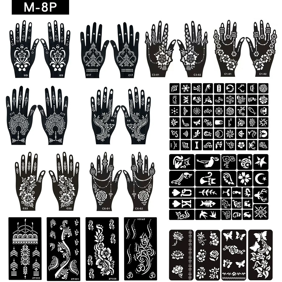 Carved hollow henna tattoo stencils with unisex classic patterns, compatible with henna paste, juice ink and airbrush makeup. Easy for beginners to make temporary body art for home DIY, market painting and vacation photos.