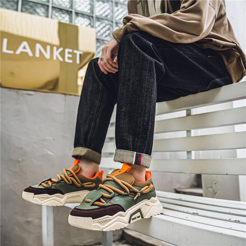 Low-top round toe lace-up casual men's shoes with color-blocking design, available in green and black. Versatile and comfortable running shoes suitable for all seasons, ideal for daily wear, sports and hiking.