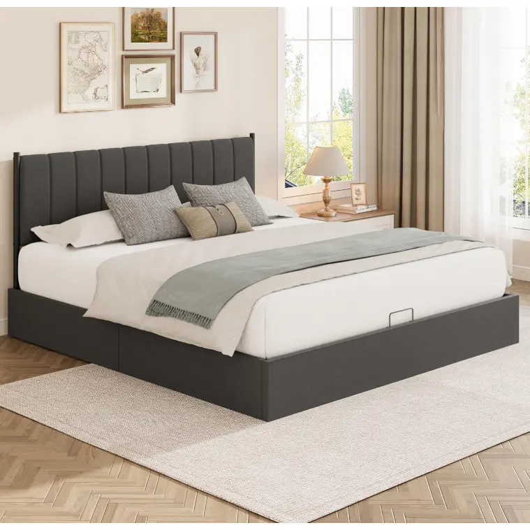 King Dark Gray Linen Upholstered Lift Up Bed with Storage, Vertical Channel Headboard & Hydraulic Lift, No Box Spring