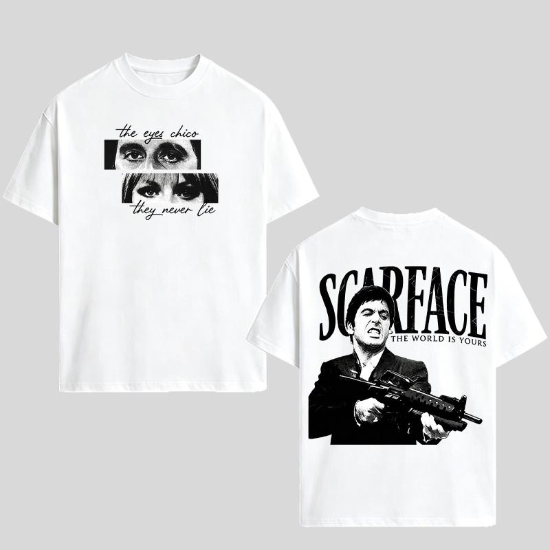 Men'S "Scarface" Pattern T-Shirt, Fashionable Black Short-Sleeved Round-Neck Summer T-Shirt, Retro Gangster Style Pattern T-Shirt, Men'S Fashionable Black Short-Sleeved Round-Neck Summer T-Shirt, Cotton, Movie-Inspired Streetwear Top