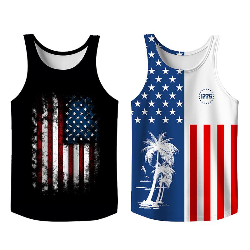 Stylish 2 Pack USA Flag Print Tank Top, Summer Men Clothes Slim Fit Apparel, Trendy T-shirts Big and Tall Gym Workout Running Tee, Comfy Casual Sleeveless