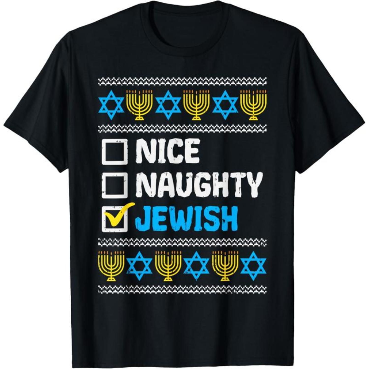 Cotton Nice Naughty Jewish Ugly Hanukkah Sweater Chanukah Jew Gift Short Sleeve T-Shirt