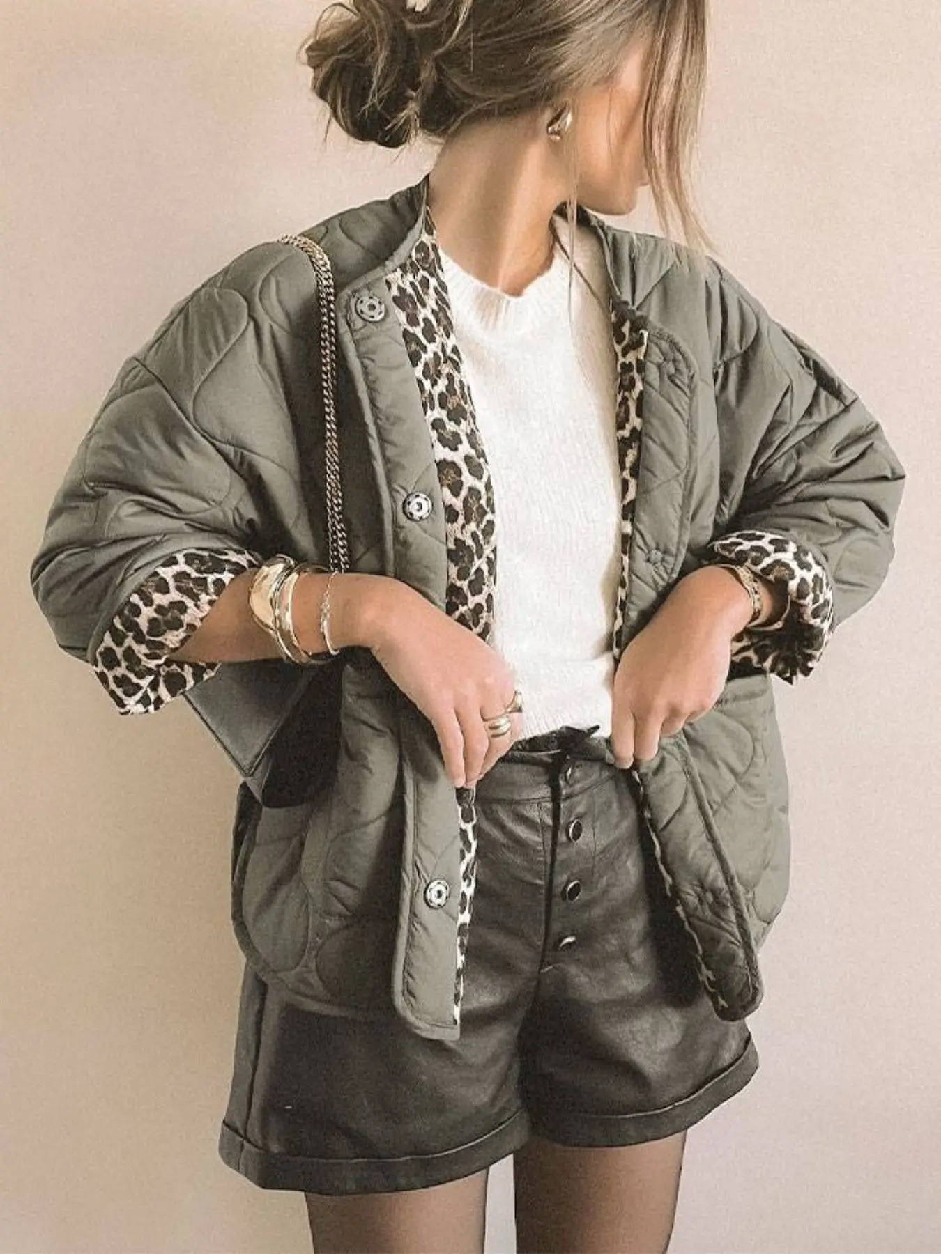 Vintage Casual Leopard Print Jacket, Round Neck Loose Fit Long Sleeve Top, Women's Fall Winter Daily Wear, Zipper Closure