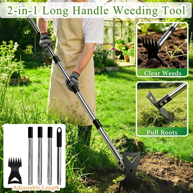 1pc Weed Puller Tool with Long Handle, Manual Weeder Remover, 2-In-1 Garden Hoe and Weed Rake, Uprooting Tool for Yard, Lawn, Patio, Garden