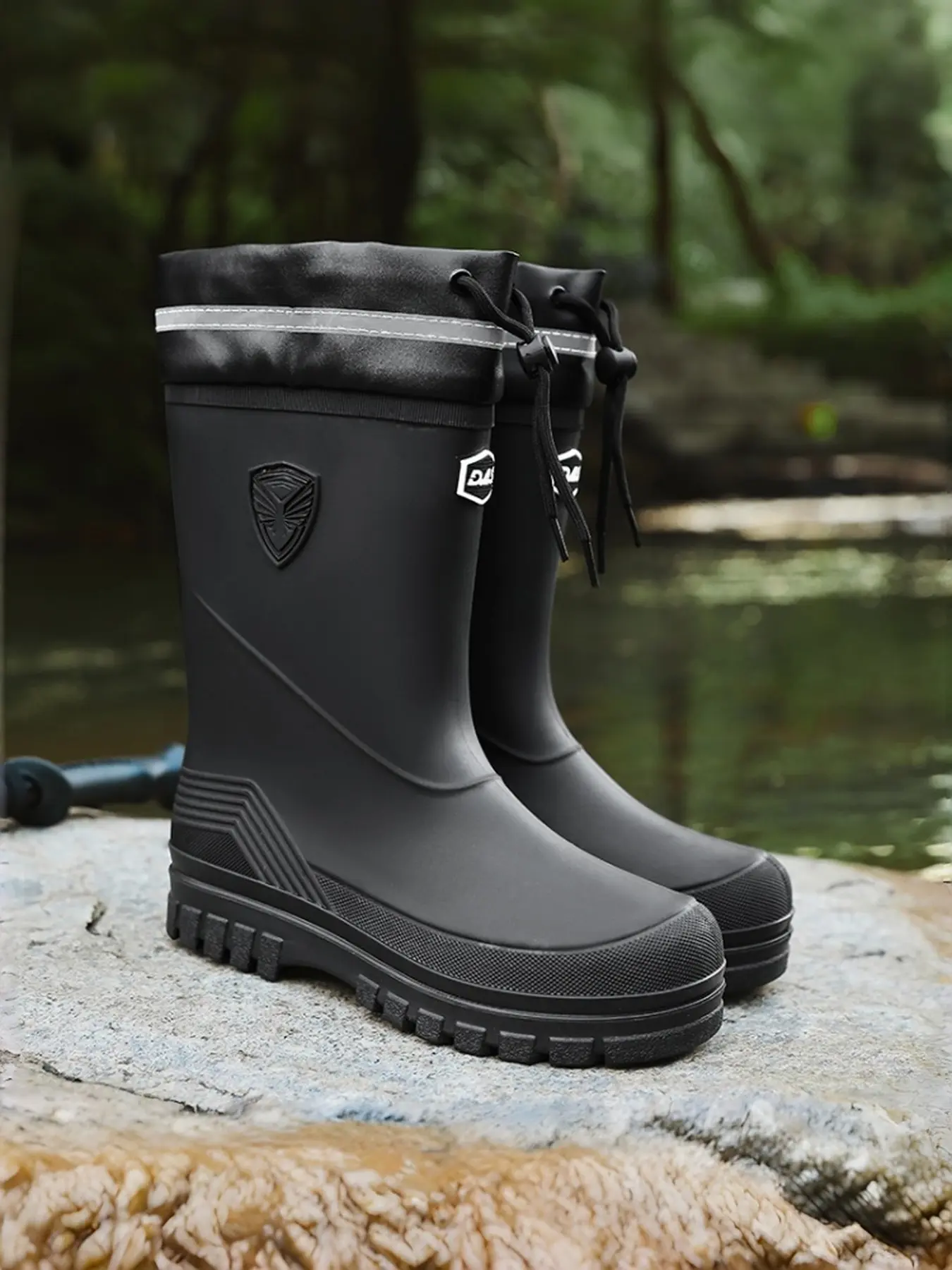 Men's Off White Matte Outdoor Rain Boots, Reflective Collar Round Toe Rainy Day Hiking Fashion Work Rubber Footwear