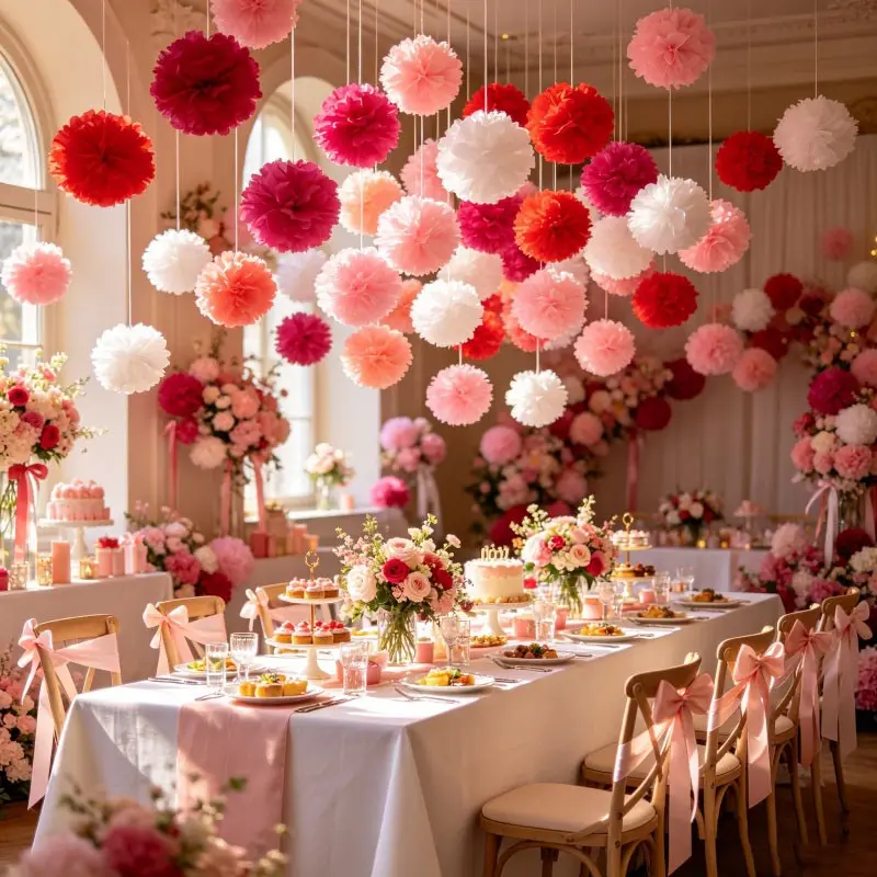 24pcs Hot Blush Tissue Paper Pom Pom Decor Set, Multi-Size Gradient Hanging Flowers, Foldable Ceiling Ornaments for Weddings & Events, Party Decoration