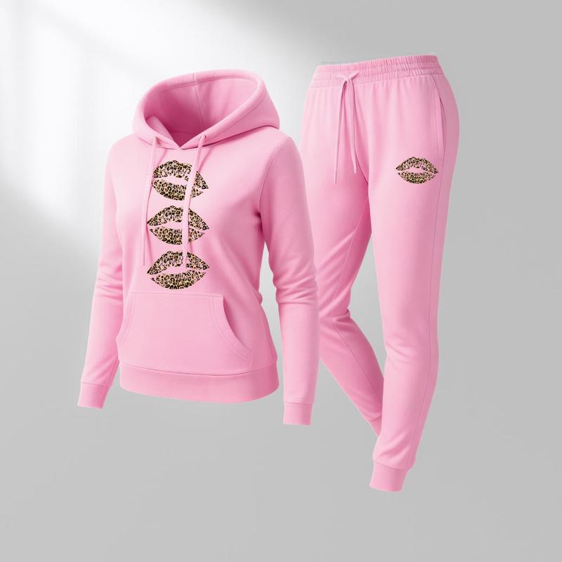 Women's Leopard Print Lips Print Hoodie And Drawstring Track Pants Set, Casual Sportswear, Long-Sleeved Hooded Jacket And Pants, Suitable For Autumn And Winter, Everyday Wear, Indoor And Outdoor Sportswear, Sportswear Set, Casual Sportswear