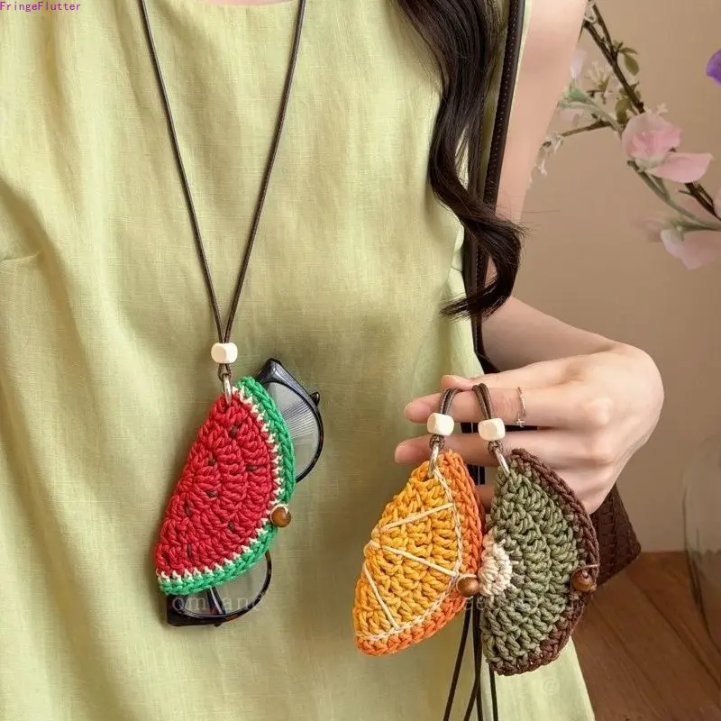 Women's Dopamine Style Woven Fruit Shapes Eyewear Clip Holder Necklace - Long Strap 2-in-1 Decorative Neck Chain for Female Wear, Ideal for Beach & Music Festivals