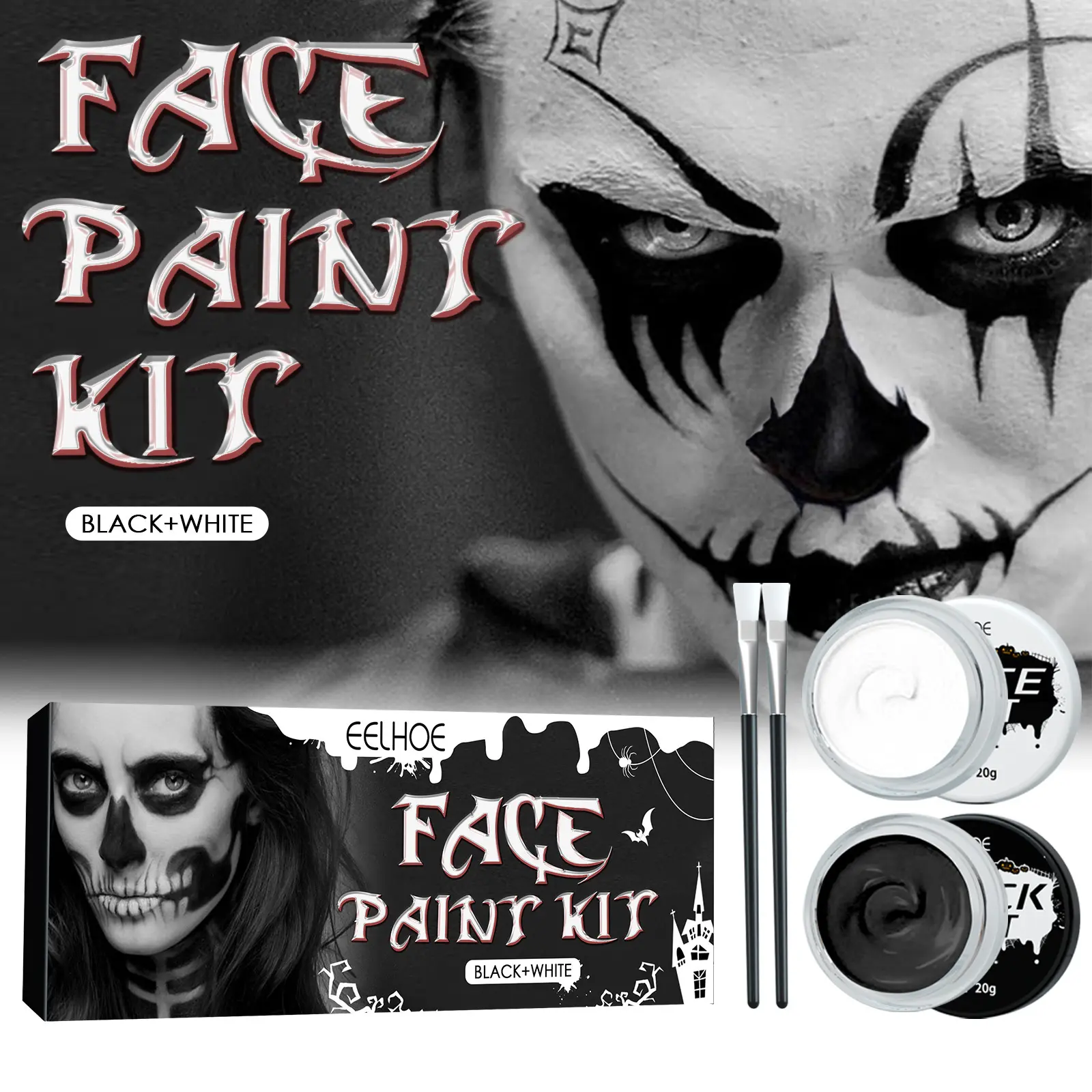 EELHOE Black & White Face Paint Kit with Brushes, Cream Body Face Painting Makeup Cosmetic for Halloween Skull Clown Skeleton Cosplay, Non-Toxic Long Lasting Goth Zombie Face Paint for Party Stage Makeup