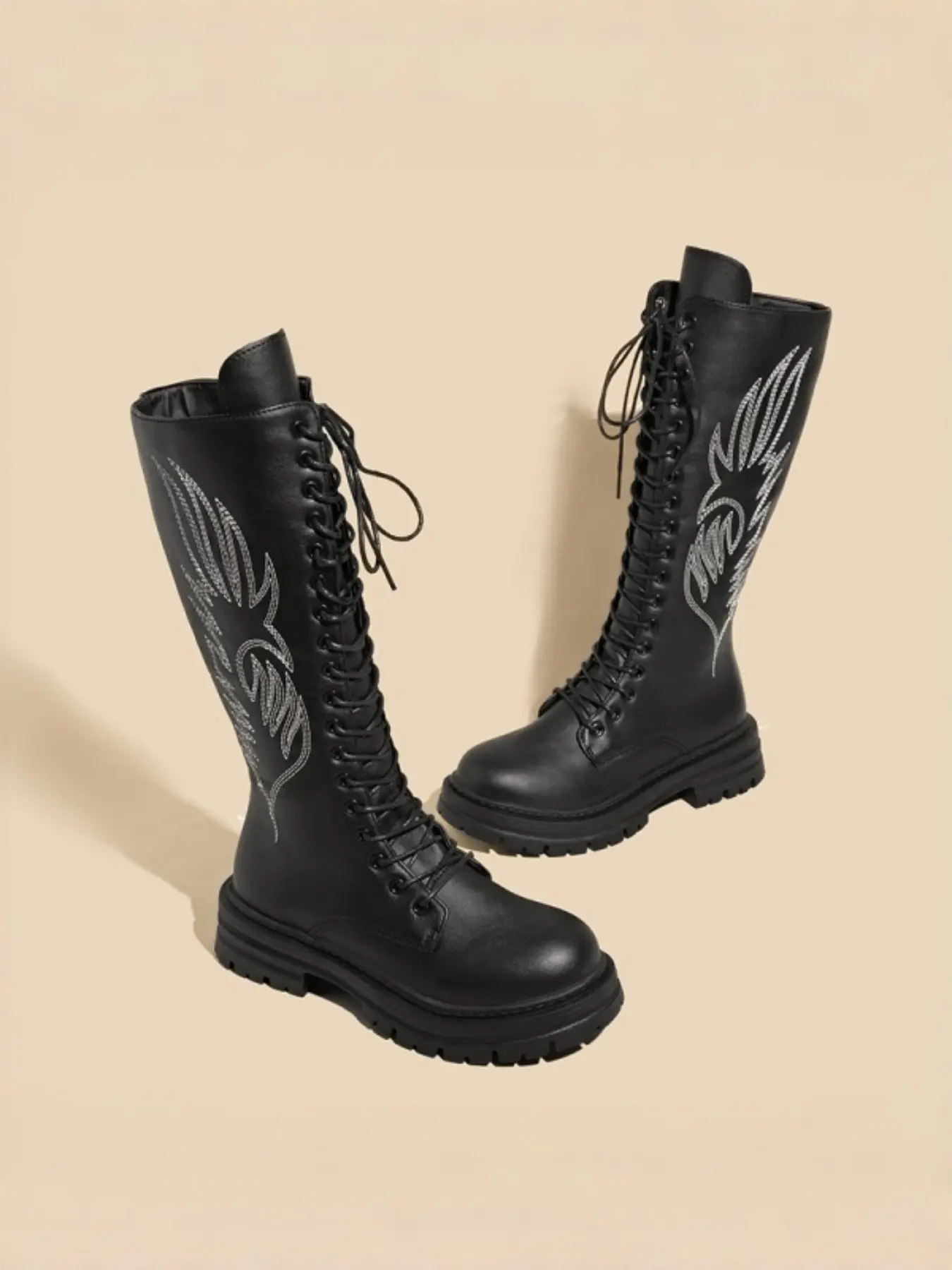 Trendy Embroidered Wing Decor High-Calf Boots, Thick Sole Chunky Heel Laces Side Zipper Long Calf Knight Boots, Streetwear Slimming Over-The-Knee Boots
