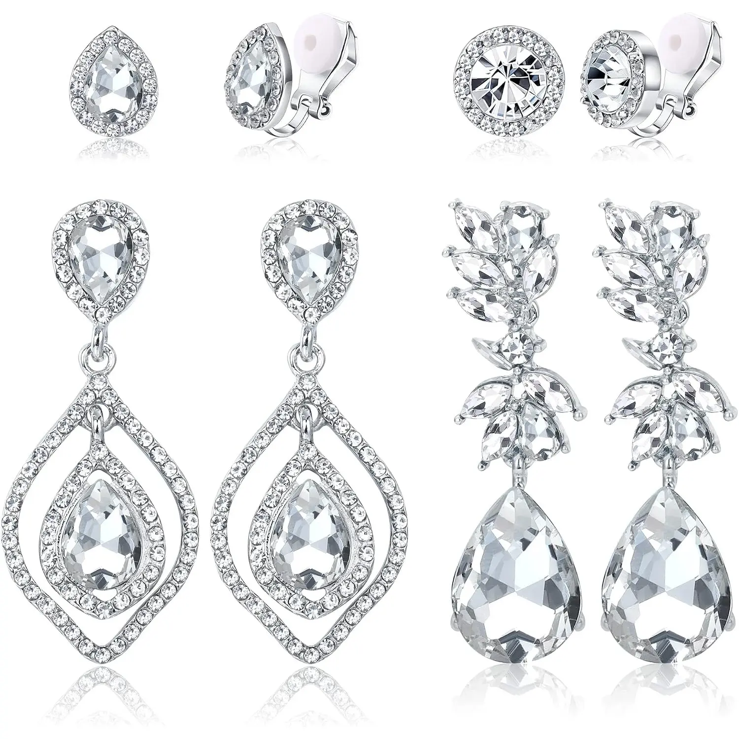 4 Pairs Clip on Earrings for Women, Crystal Wedding Rhinestone Dangle Chandelier Earrings, Long Silver Teardrop Drop Earrings for Pageant Prom, Non Piercing