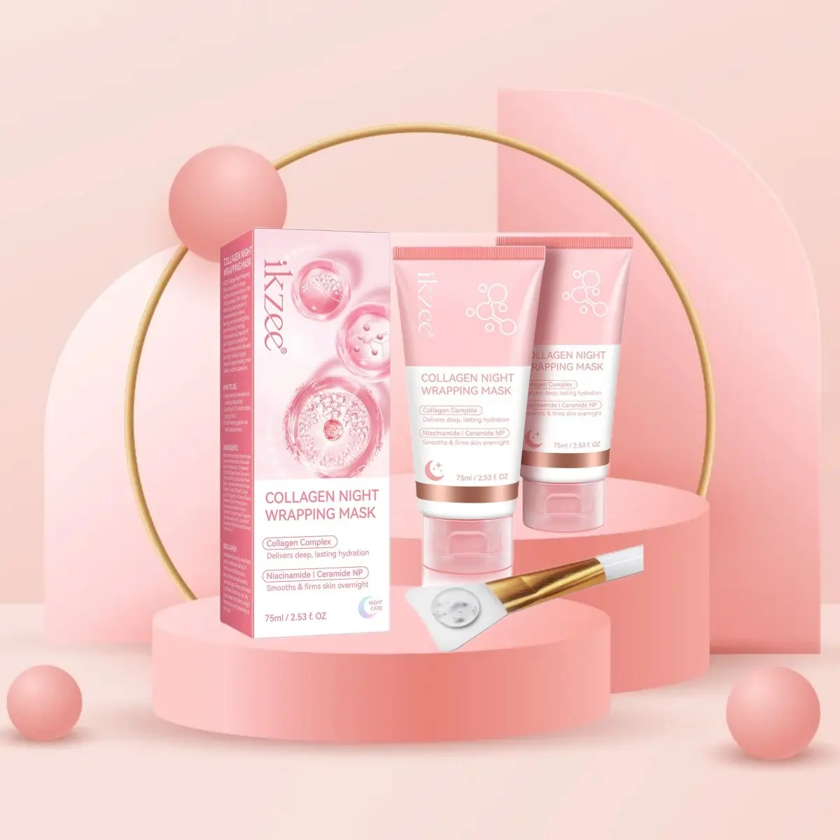 Collagen Sleeping Mask 75ML + Jelly Brush *2, Nightly Use, Nourishes Skin, Boosts Elasticity, Reduces Fine Lines, Anti Wrinkle Mask, Facial Care