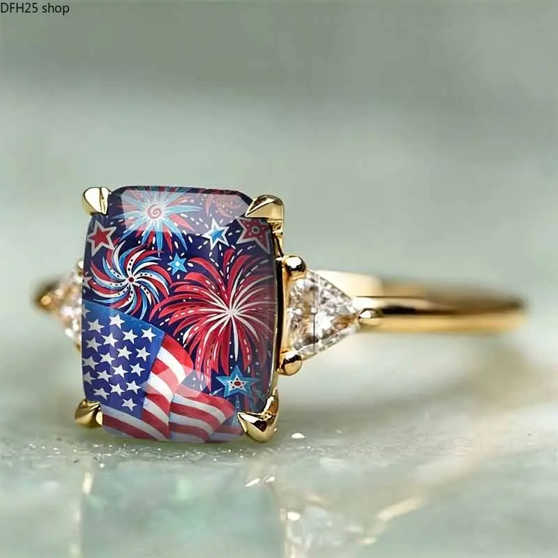 Vintage American Flag Open Ring For Women Gold Tone Alloy Band With Firework Artwork Square Stone Design Adjustable Statement Jewelry For Daily Wear