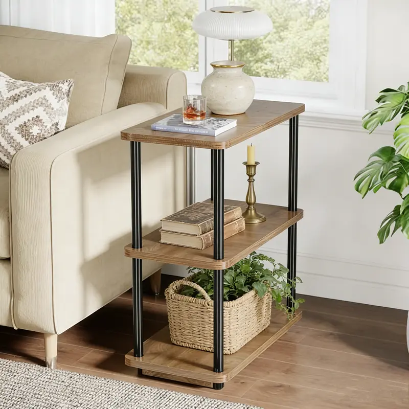 Modern Living Room Side Table with 3 Shelves, Black Metal Legs, Wood Top, Perfect for Books, Plants, and Decor
