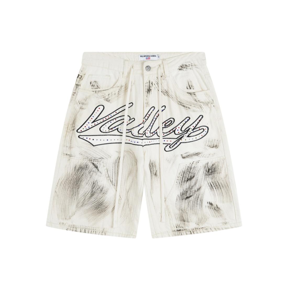 Vale Sports Valley Dreams Vintage Washed Distressed Print Full Rhinestone Bling Diamond Harajuku Letter Embroidery Baggy Denim Shorts European American Hip Hop Y2K Streetwear Loose Knee Length Casual Sparkly Trendy Jeans Shorts For Men Unisex