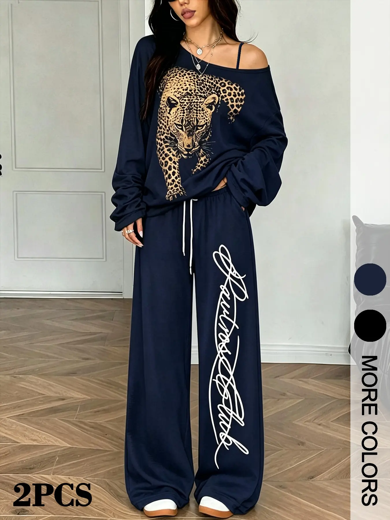 Wild Leopard Print Asymmetrical Sweatshirt + Handwritten Letter Wide Leg Pants Set, Casual Streetwear, Comfortable Fabric, Spring Fall
