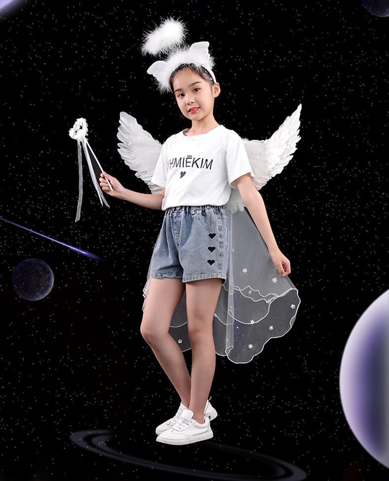 Angel Feather Wings Props for Christmas & Halloween Performance Costume Stage Princess Back Decoration White & Blue Bow