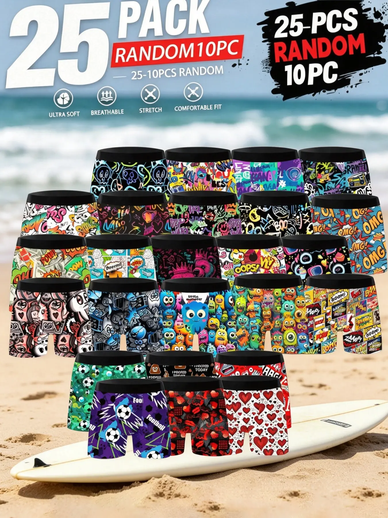 Men's 10-Pack Multicolor Graffiti Print Briefs, High Elasticity Breathable Comfort, Sizes S-Xxl, Casual Underwear for All Seasons