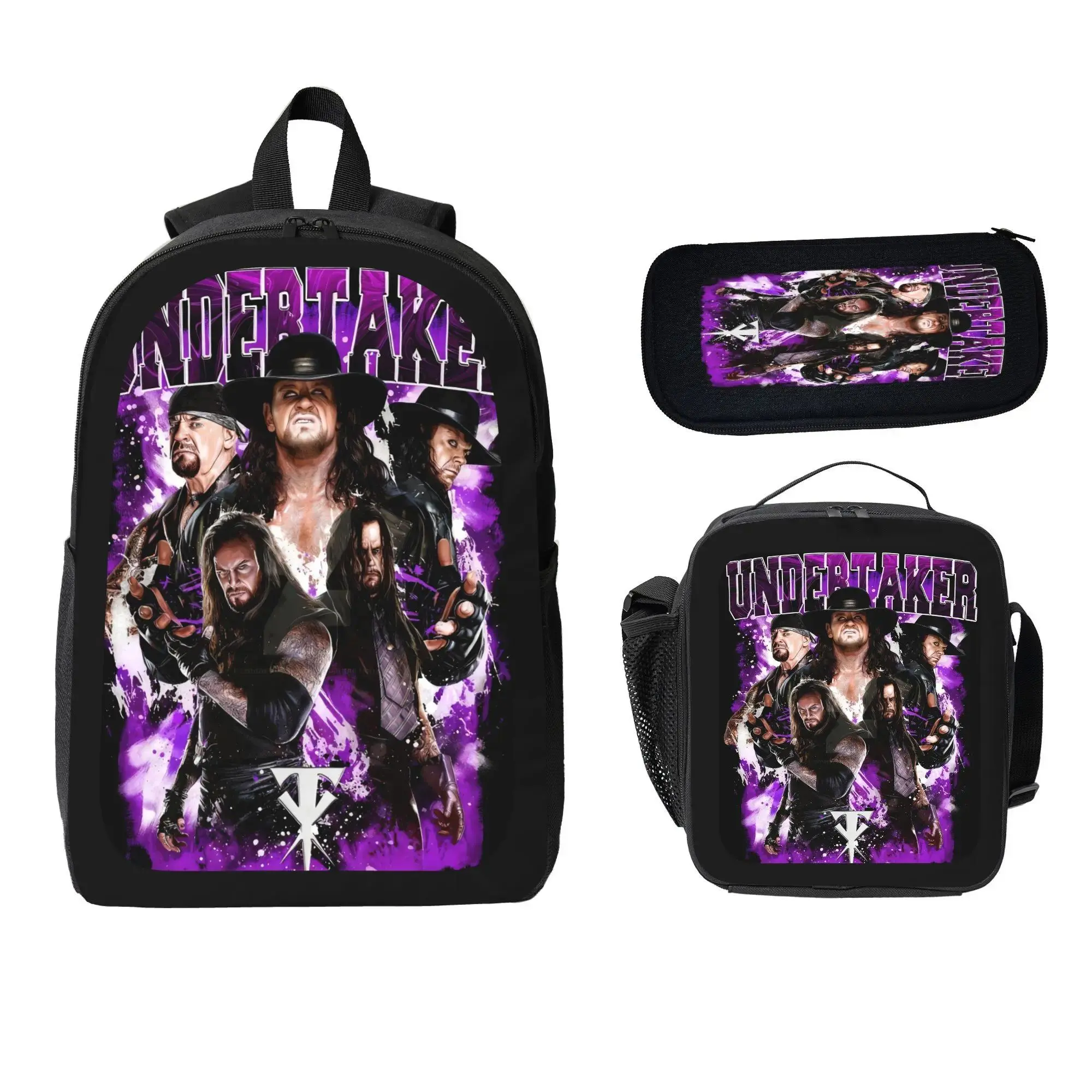 Unisex WWE Legend Undertaker Bold Theme 3-in-1 Synthetic Backpack Set - Graphic Wrestling Art Bag, Chain Strap Lunch Bag, Pencil Case (Unisex Names, All Seasons, Elementary School, No Wheels) for Back to School Haul (Do Not Dry Clean)