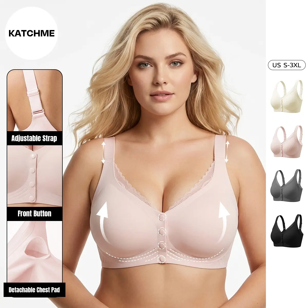 KatchMe COZY Women's Elegant Seamless Wide Strap Front Button Wirefree Push-Up Bra, Delicate Sheer Mesh Full Coverage Bralette, Soft Plus Size Back Smoothing Bra