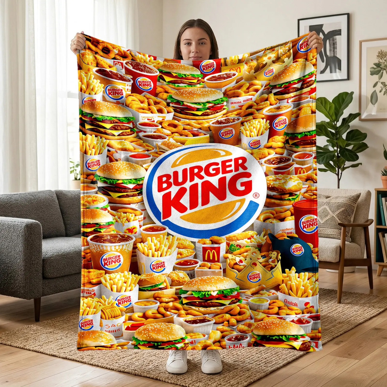 1pc Burger King Fast Food Themed Fleece Blanket, Burgers, Fries, Onion Rings & Brand Logo All-Over Print, Trendy American Fast Food Style. Soft Multi-use Throw for Sofa, Bed, Office, Camping, Perfect Christmas Gift.